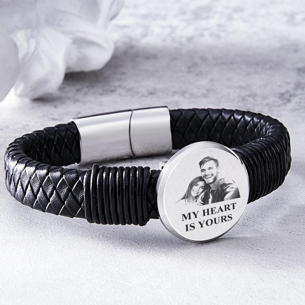 Personalized Photo Leather Wide Bracelet Engraved Unique Bracelet Gifts For Him