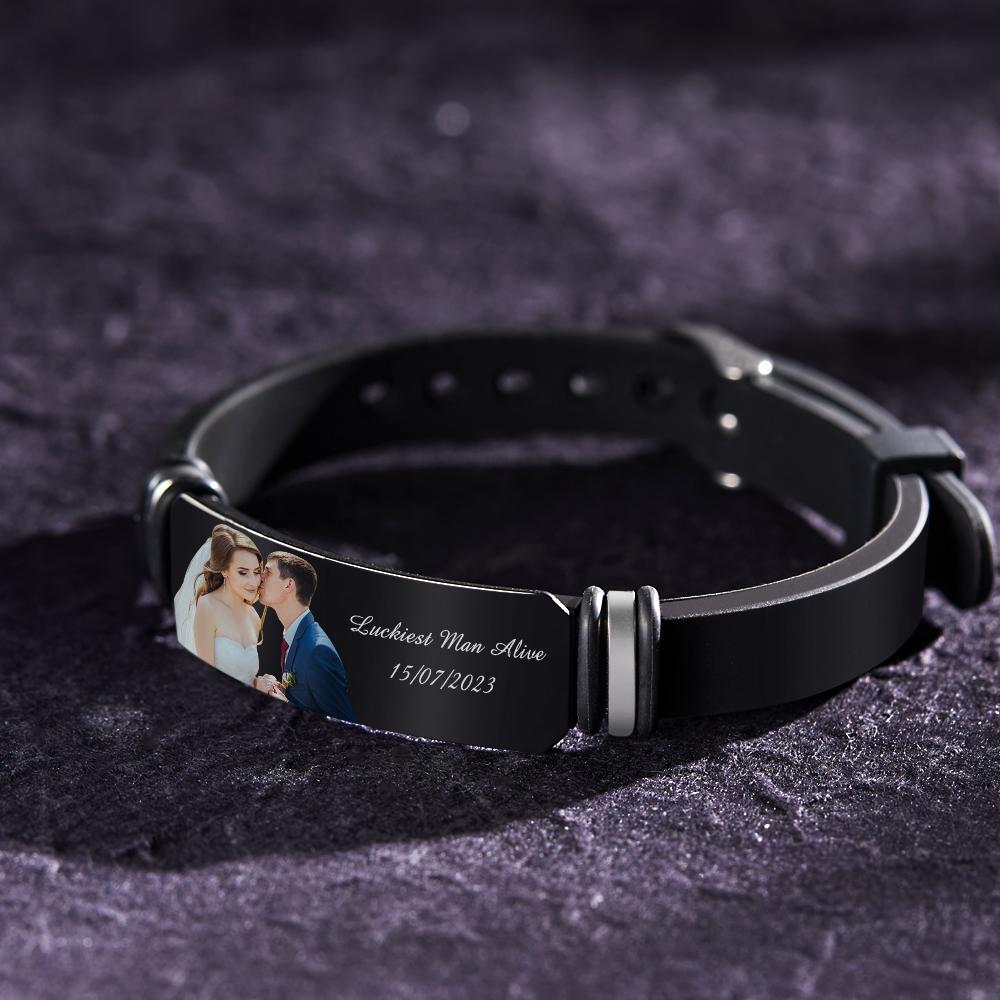 Bracelet Black Filter Photo Keepsake 1st Year Anniversary Gift for Husband Personalized Men s Engraved Jewelry