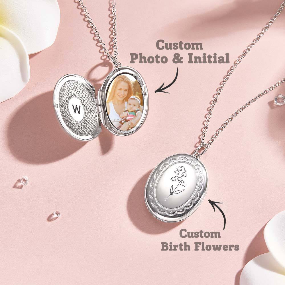 Personalized Birth Flower Locket Necklace with Photo Necklace Jewelry Gift for Her