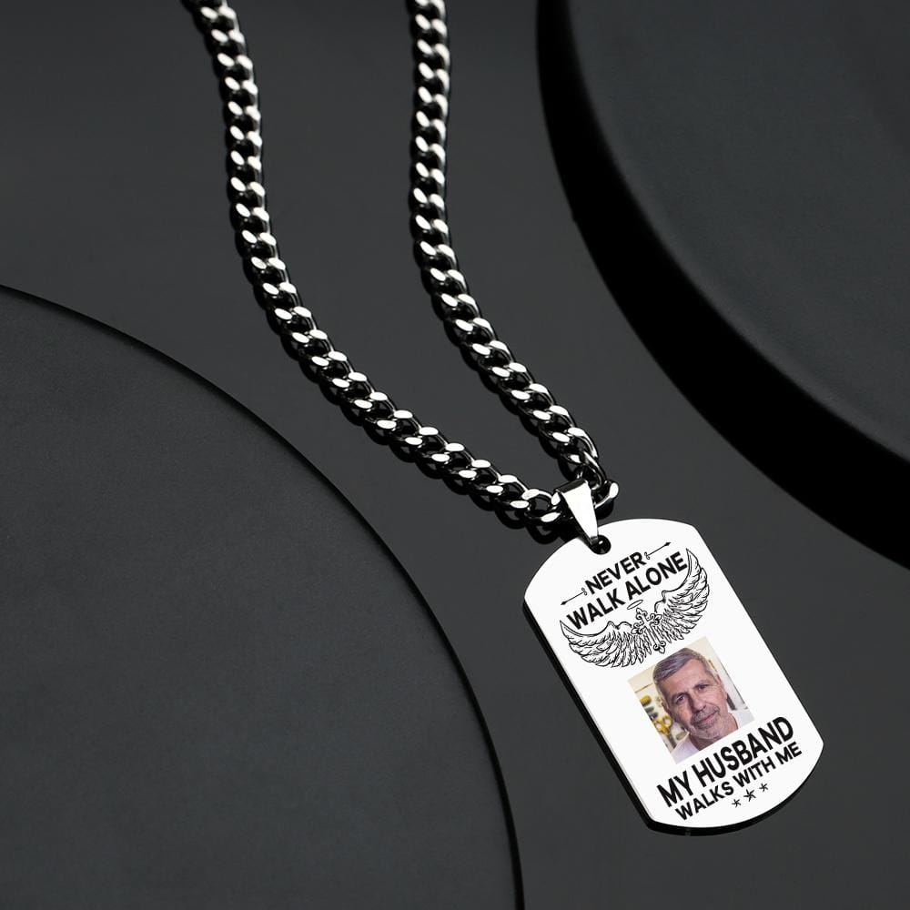 Custom Photo Necklace NEVER WALK ALONE Engrave Tag Necklace Stainless Steel Commemorative Gift