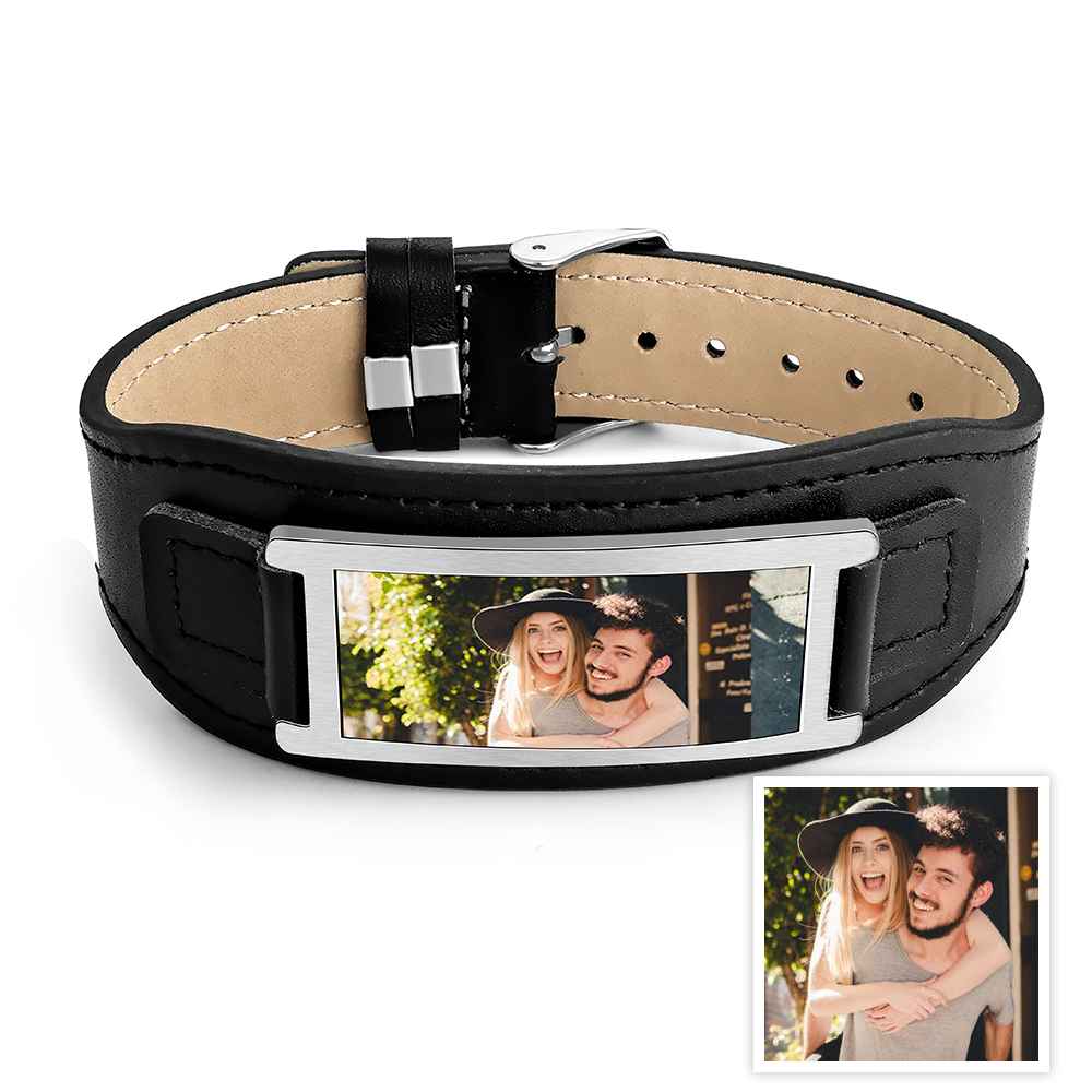 Personalized Photo PU Leather Bracelet Vintage Wide Bracelet For Men
