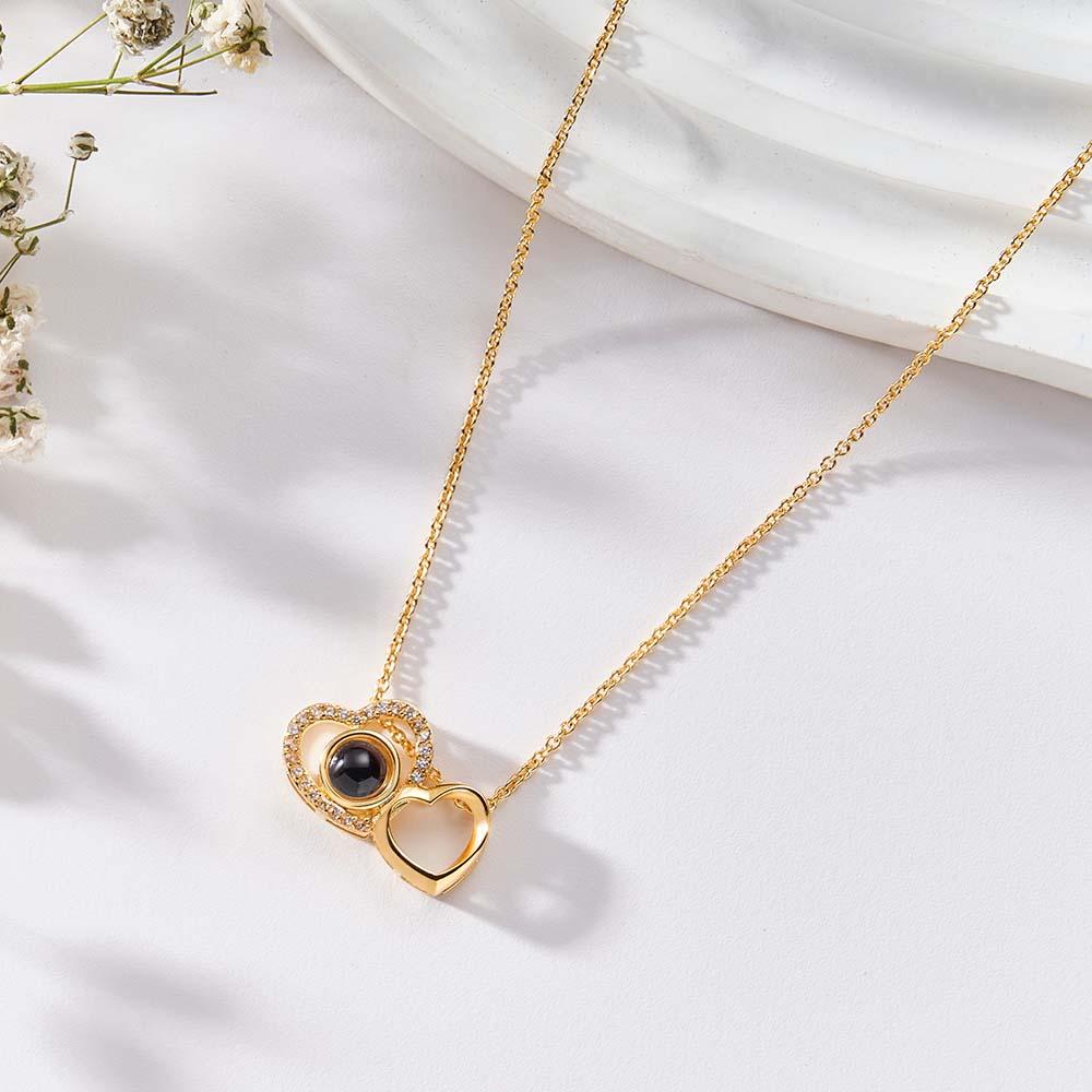Custom Double Heart Photo Projection Necklace Personalized Picture Inside Pendant Memorial Jewelry