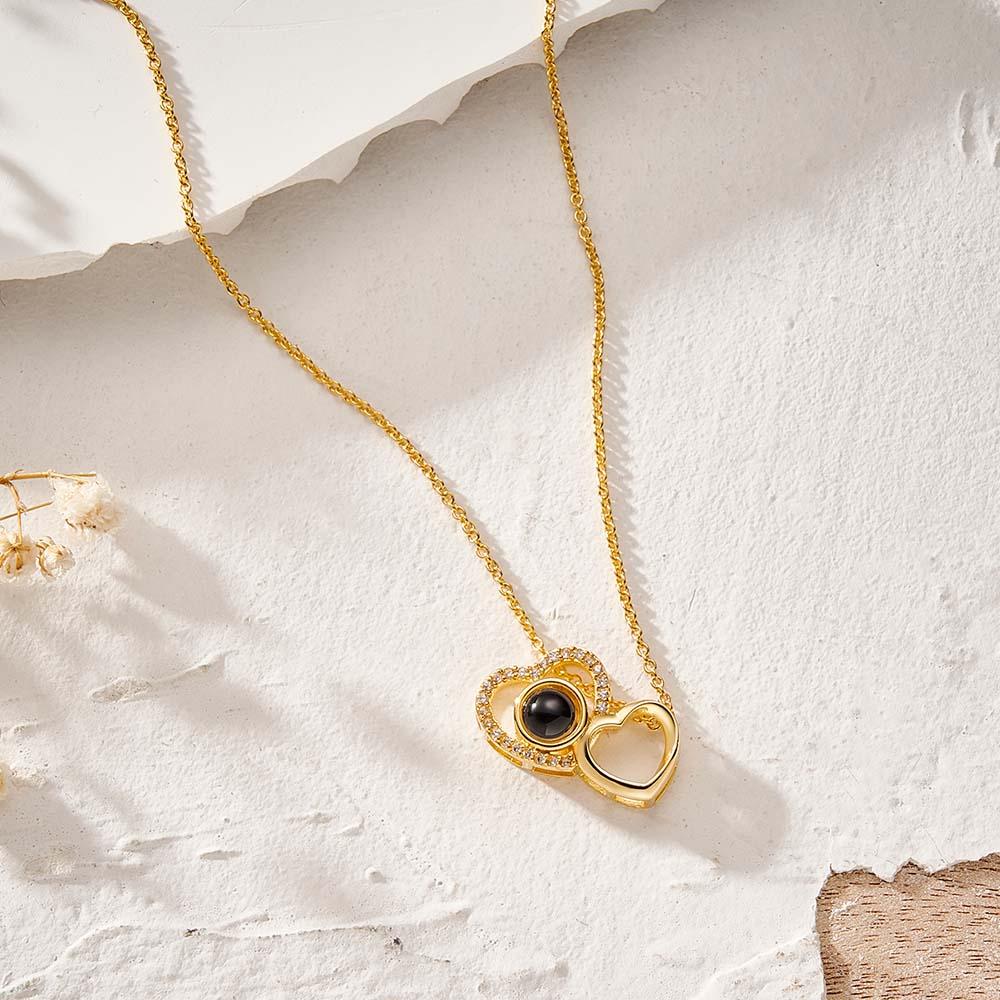 Custom Double Heart Photo Projection Necklace Personalized Picture Inside Pendant Memorial Jewelry