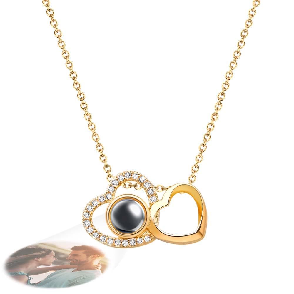 Custom Double Heart Photo Projection Necklace Personalized Picture Inside Pendant Memorial Jewelry