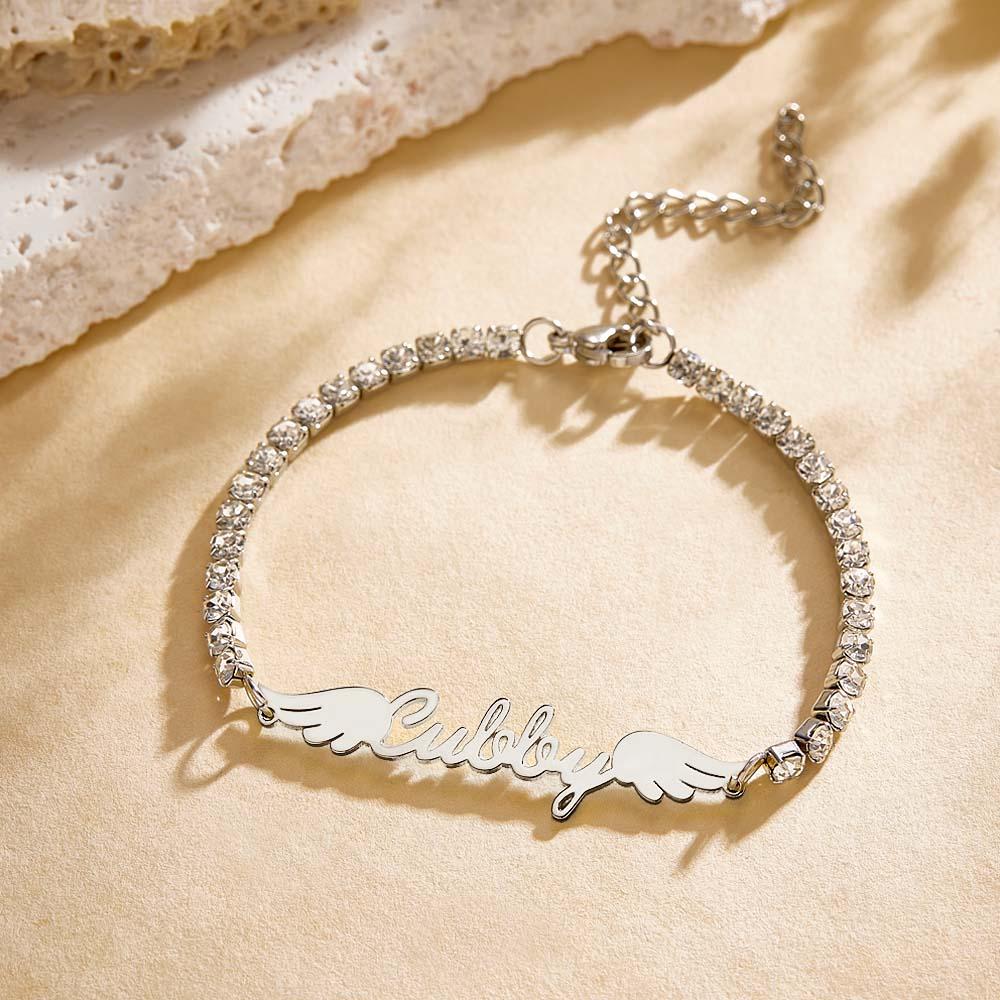 gifts for wife Love Her Always - Custom Decor - Name Bracelet Elegant Angel Wings All Diamonds Bracelet Gift For Her - gifts