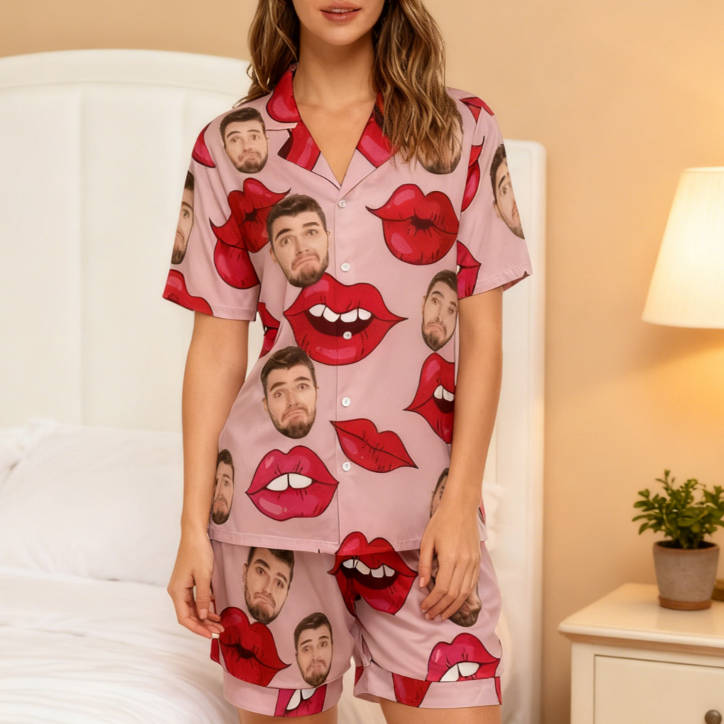 Custom Face Short Sleeve Pajama with Red Lips Prints Valentine's Day Gift for Her