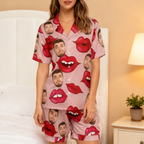 Custom Face Short Sleeve Pajama with Red Lips Prints Valentine's Day Gift for Her