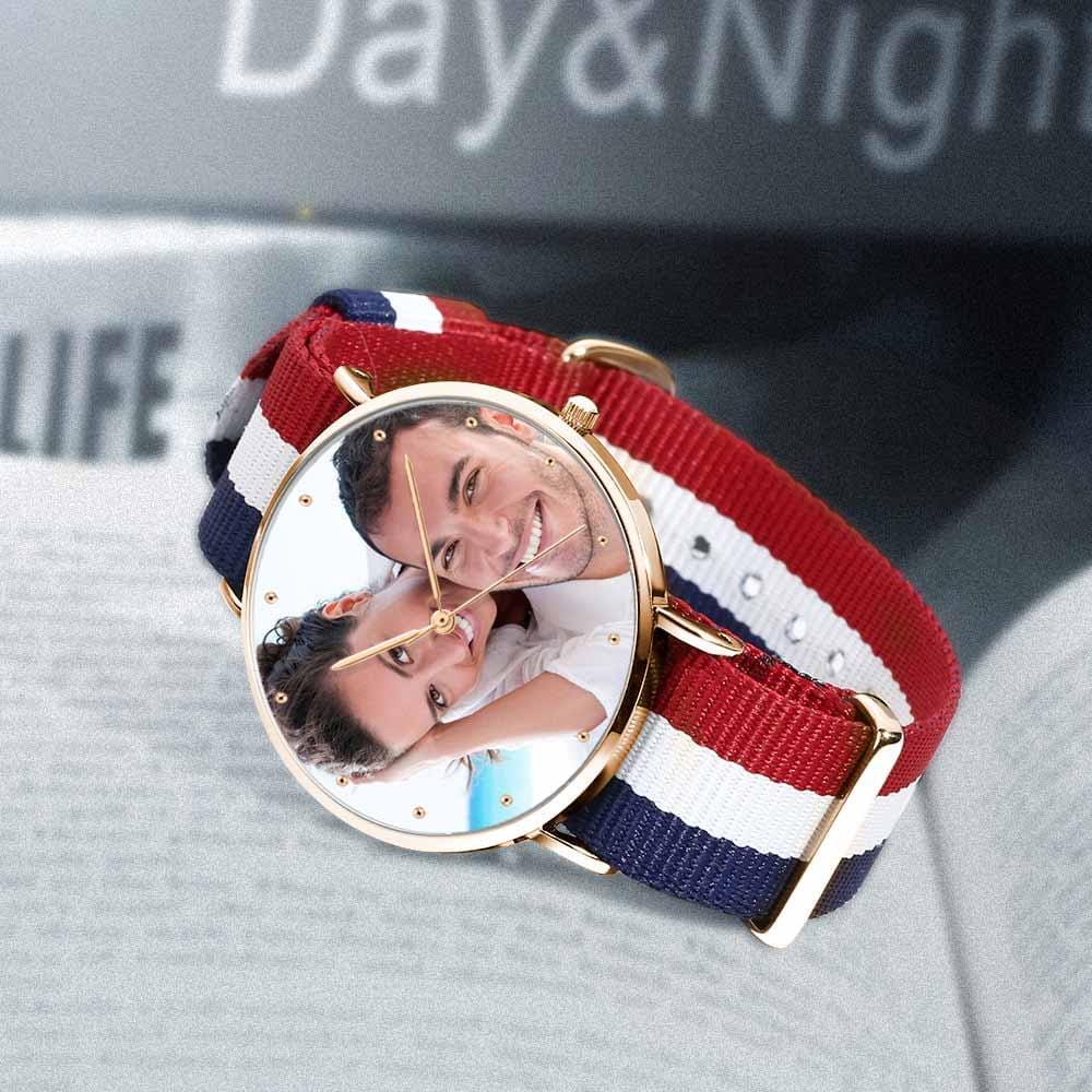 Unisex Engraved Rose Goldtone Photo Watch Color Nylon Strap 40mm
