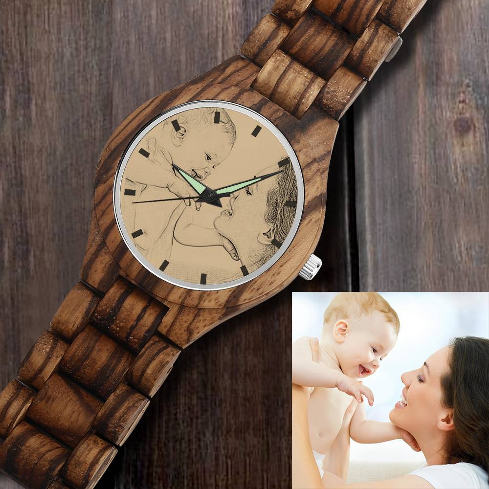 Custom Photo 45mm Wooden Watch – Personalized Engraved Gift Birthday Gift Anniversary Gift