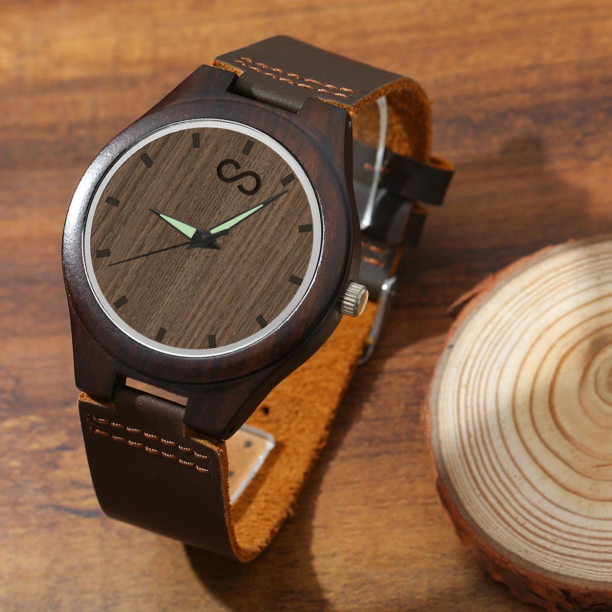Custom Engraved Wooden Watch Leather Strap 45mm Valentine‘s Day Gifts