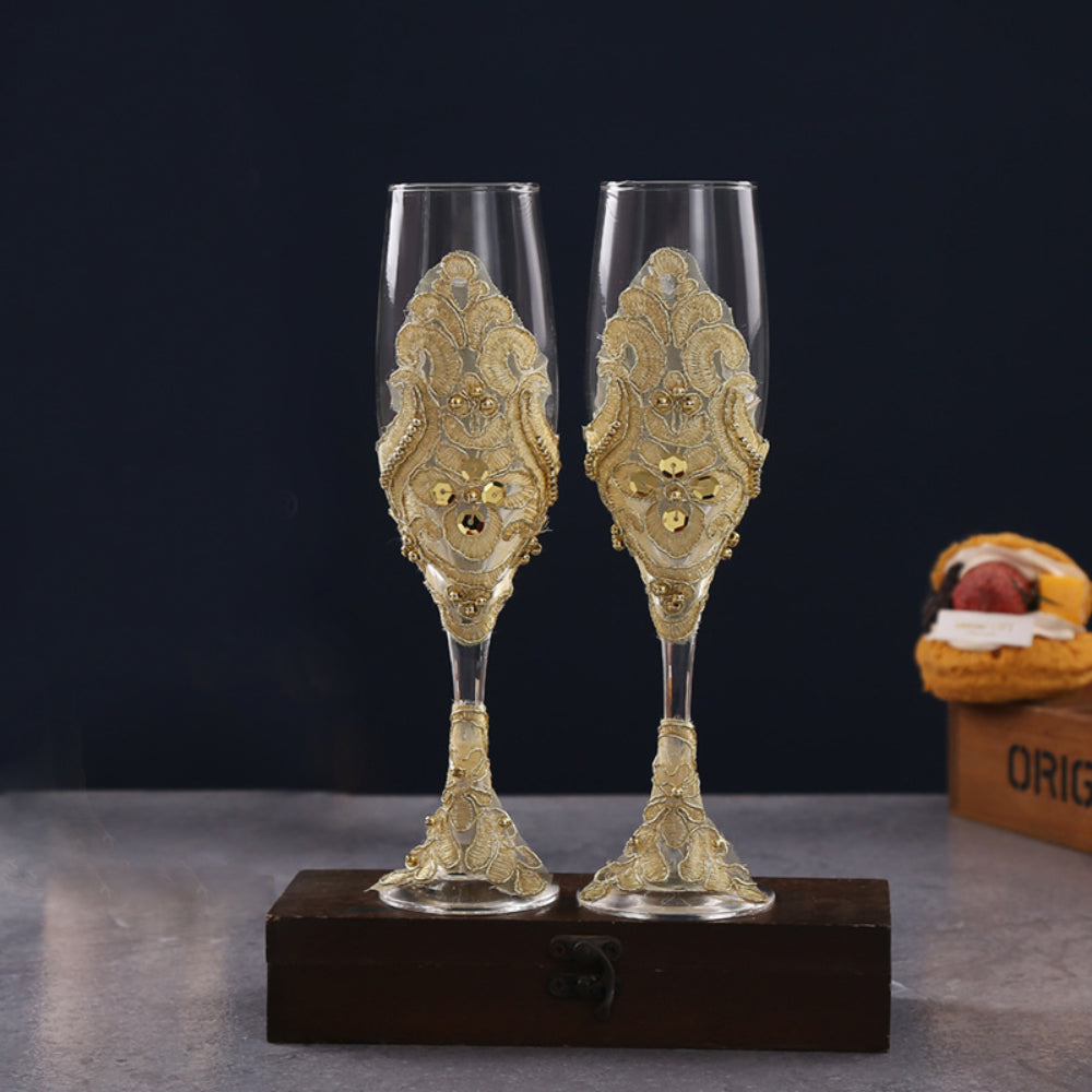 Wedding Wine Glasses Cake Cutting Set Gold Sequin Wine Glasses Champagne Cups
