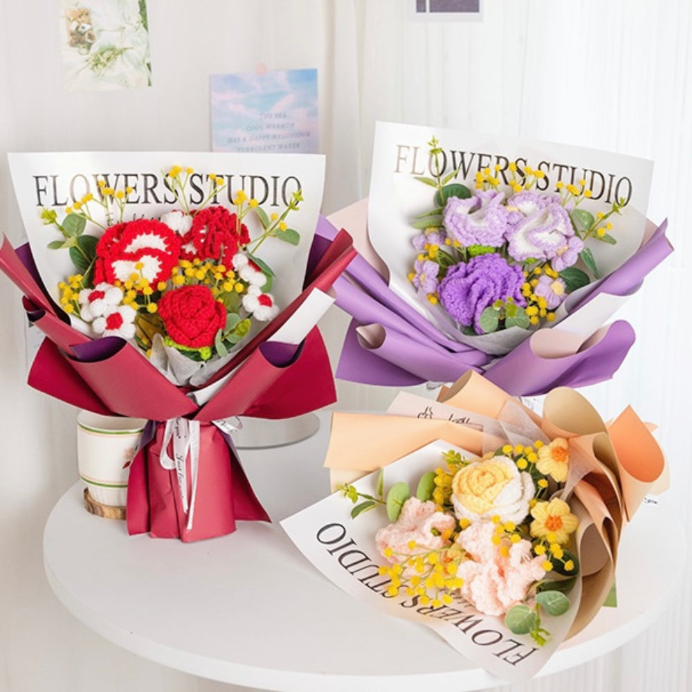 Crochet Flowers Bouquet Handmade Knitted Carnation Bouquet with Light Strip Gift for Her Wedding Gift