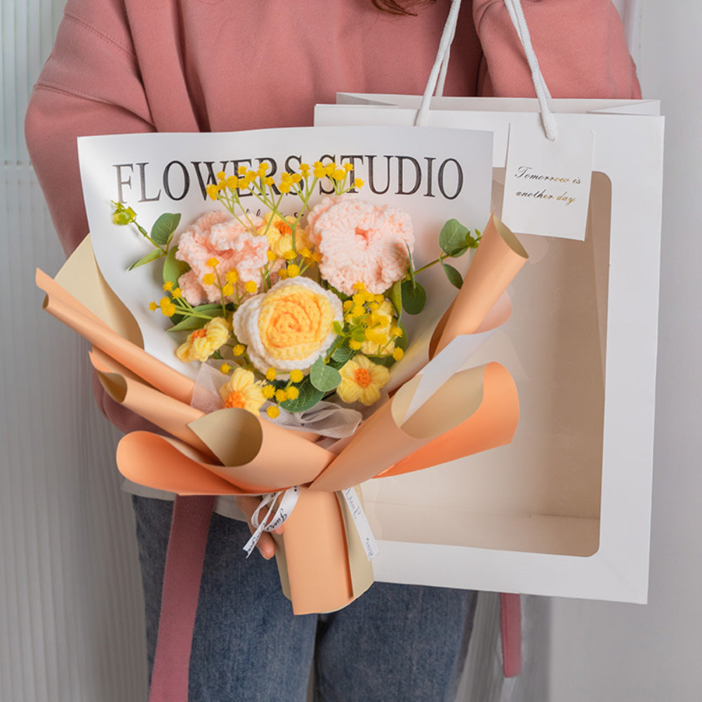 Crochet Flowers Bouquet Handmade Knitted Carnation Bouquet with Light Strip Gift for Her Wedding Gift