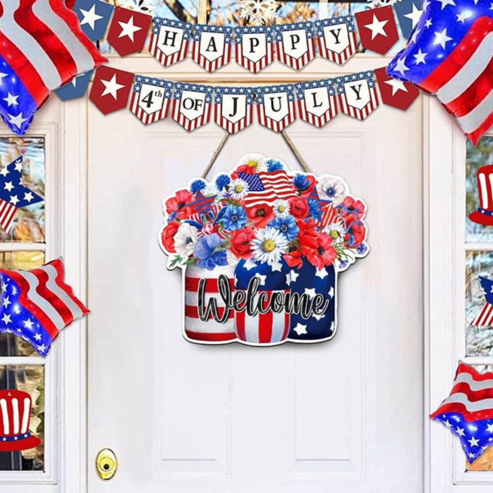 4th of July Flowers Welcome Door Sign Independence Day Decorations Front Door Hanger