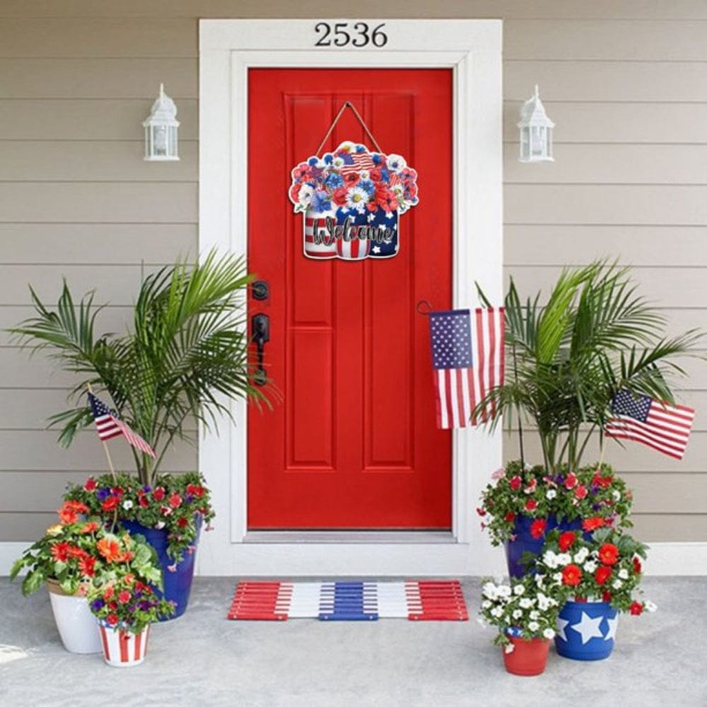 4th of July Flowers Welcome Door Sign Independence Day Decorations Front Door Hanger