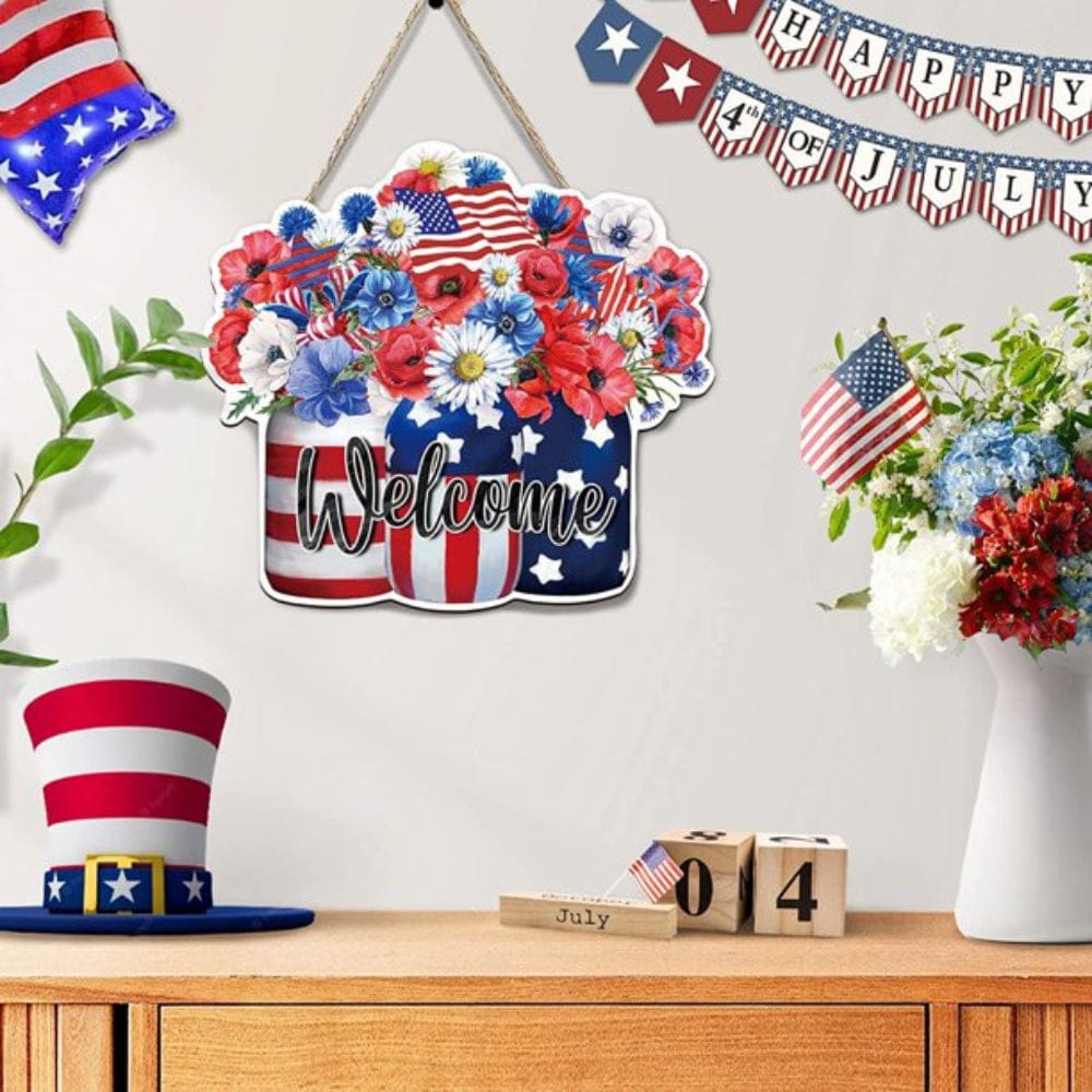 4th of July Flowers Welcome Door Sign Independence Day Decorations Front Door Hanger