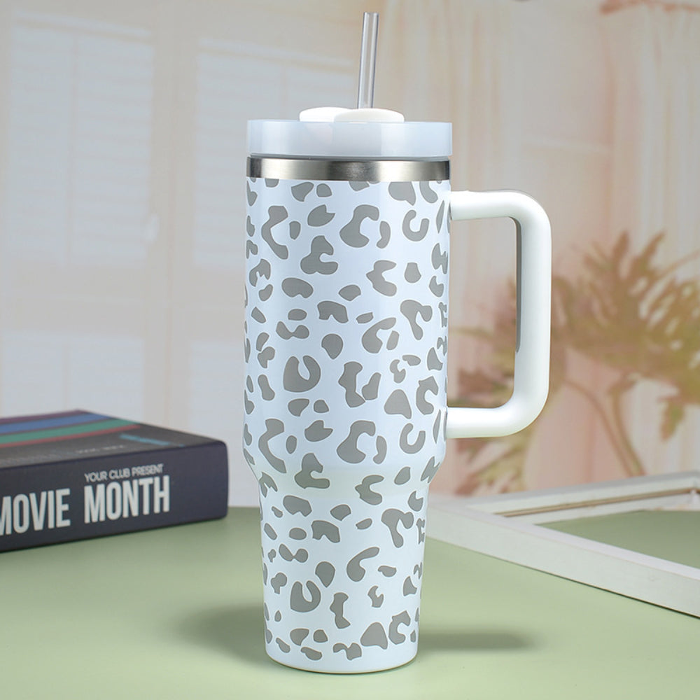 40oz Insulated Mug with Handle and Straw Colorful Leopard Pattern Stainless Steel Travel Cup Gift for Family Friends Couples