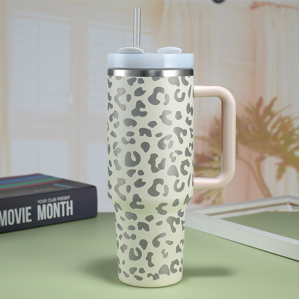 40oz Insulated Mug with Handle and Straw Colorful Leopard Pattern Stainless Steel Travel Cup Gift for Family Friends Couples