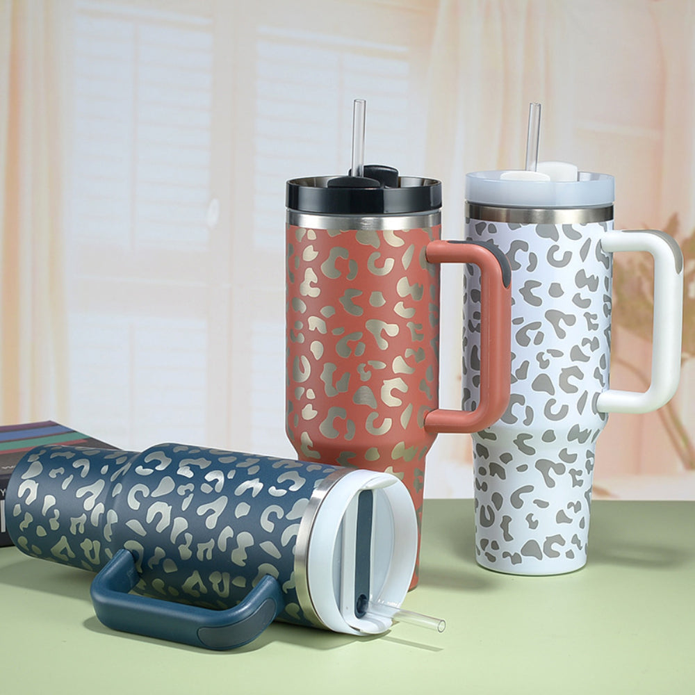 40oz Insulated Mug with Handle and Straw Colorful Leopard Pattern Stainless Steel Travel Cup Gift for Family Friends Couples