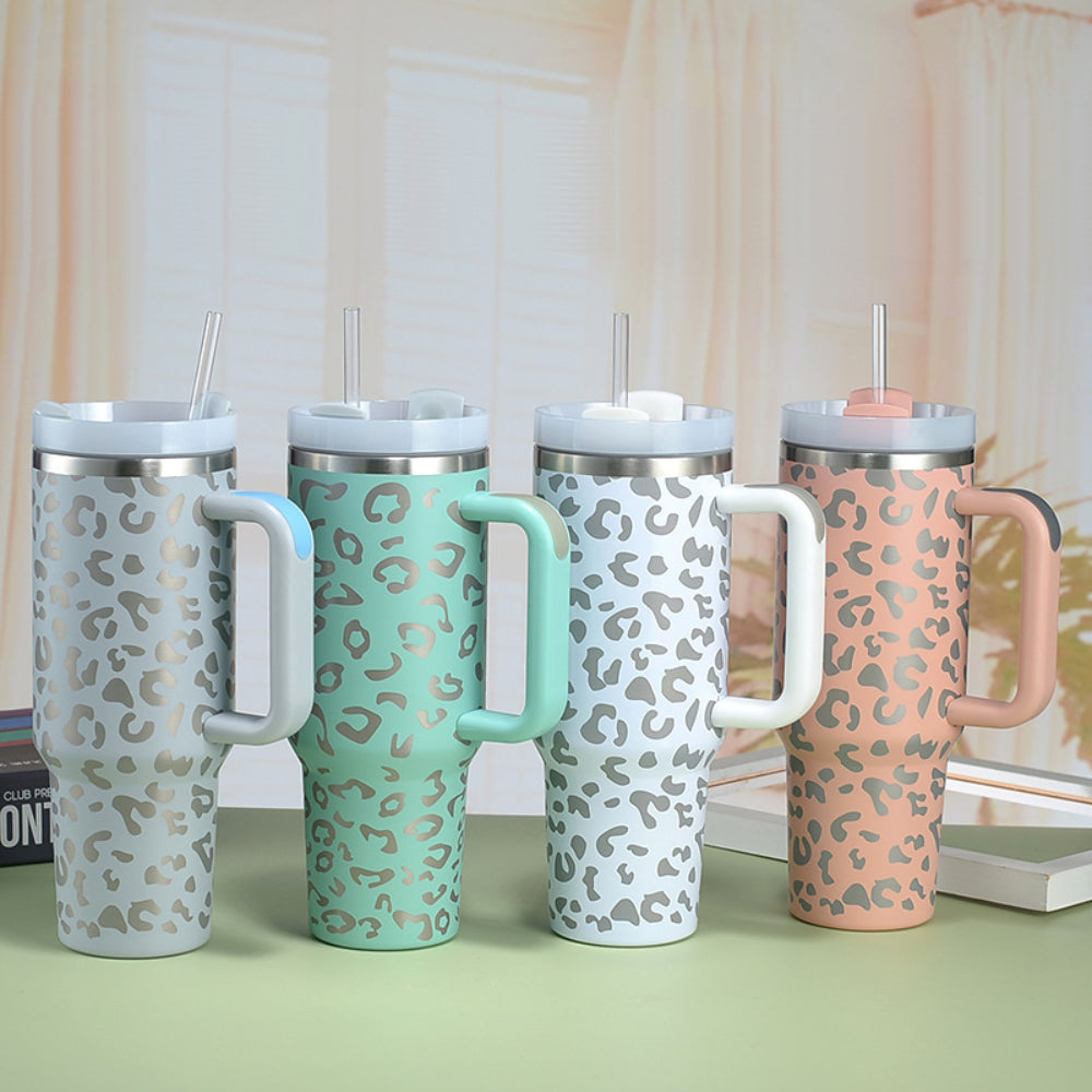 40oz Insulated Mug with Handle and Straw Colorful Leopard Pattern Stainless Steel Travel Cup Gift for Family Friends Couples