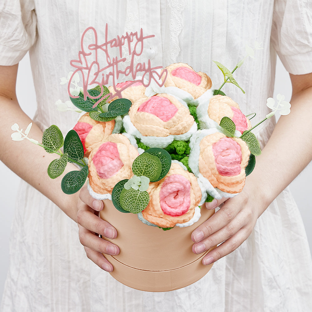 Crochet Flowers Bouquet Handmade Knitted Roses Hug Bucket Birthday Graduation Gift Box