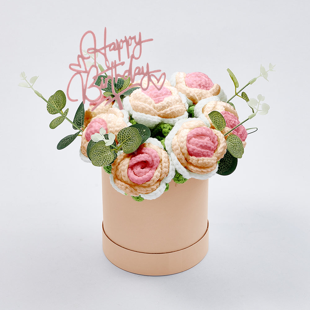 Crochet Flowers Bouquet Handmade Knitted Roses Hug Bucket Birthday Graduation Gift Box