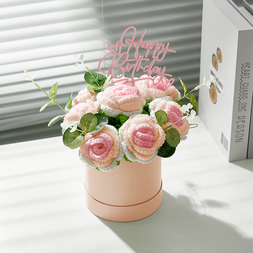 Crochet Flowers Bouquet Handmade Knitted Roses Hug Bucket Birthday Graduation Gift Box