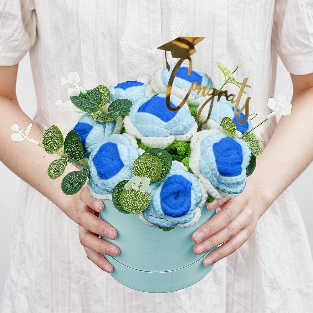 Crochet Flowers Bouquet Handmade Knitted Roses Hug Bucket Birthday Graduation Gift Box