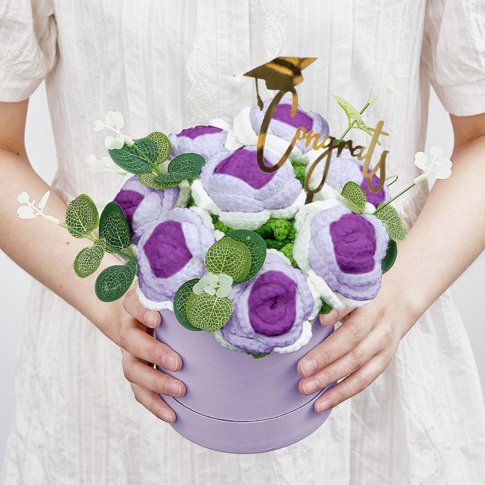Crochet Flowers Bouquet Handmade Knitted Roses Hug Bucket Birthday Graduation Gift Box