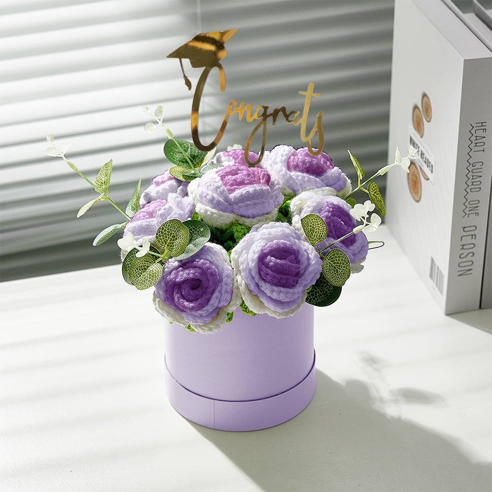 Crochet Flowers Bouquet Handmade Knitted Roses Hug Bucket Birthday Graduation Gift Box
