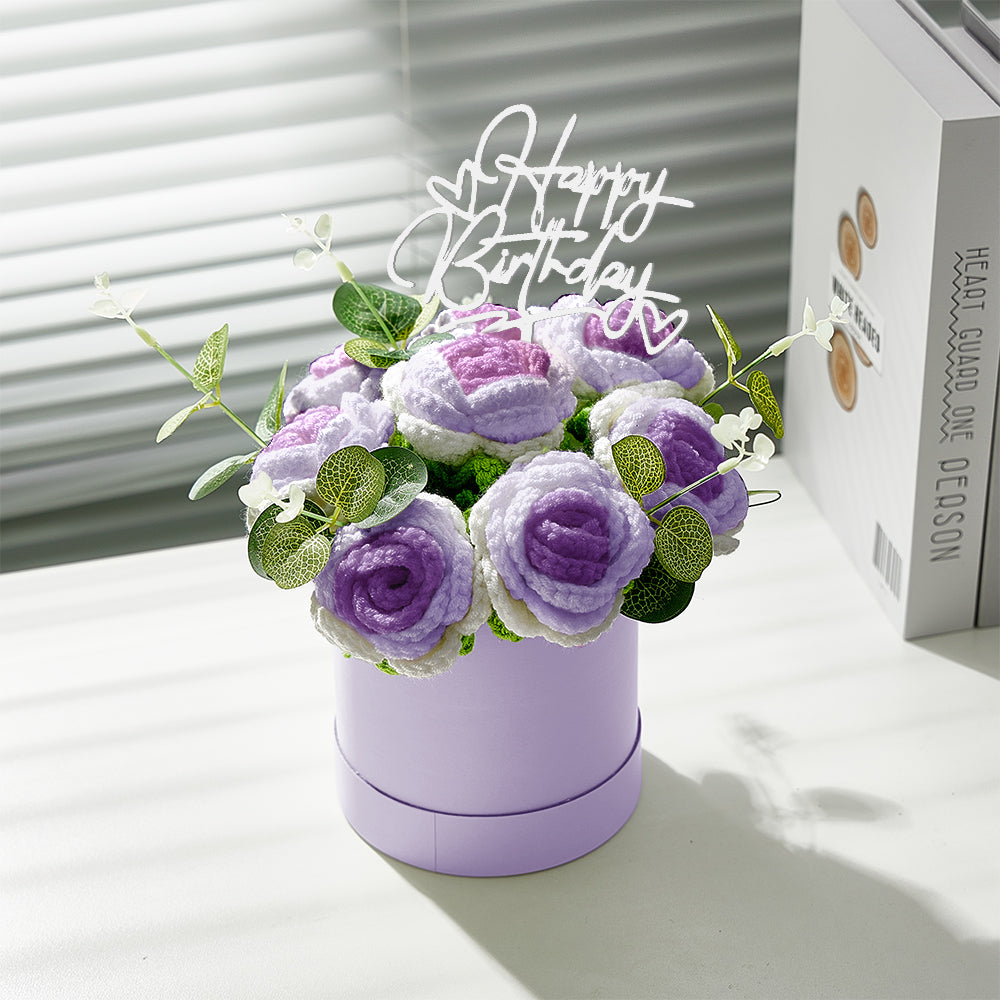 Crochet Flowers Bouquet Handmade Knitted Roses Hug Bucket Birthday Graduation Gift Box