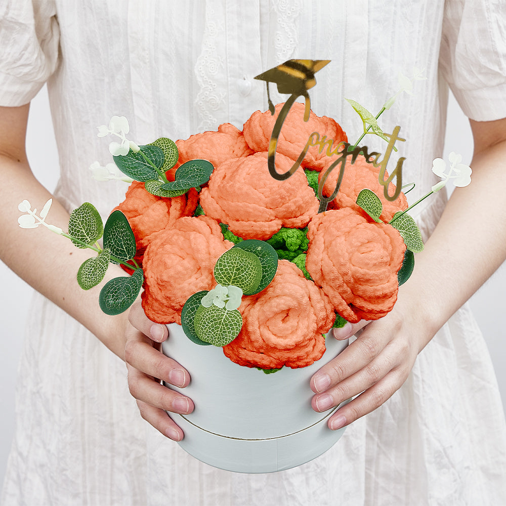 Crochet Flowers Bouquet Handmade Knitted Roses Hug Bucket Birthday Graduation Gift Box