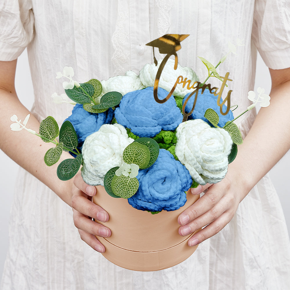 Crochet Flowers Bouquet Handmade Knitted Roses Hug Bucket Birthday Graduation Gift Box