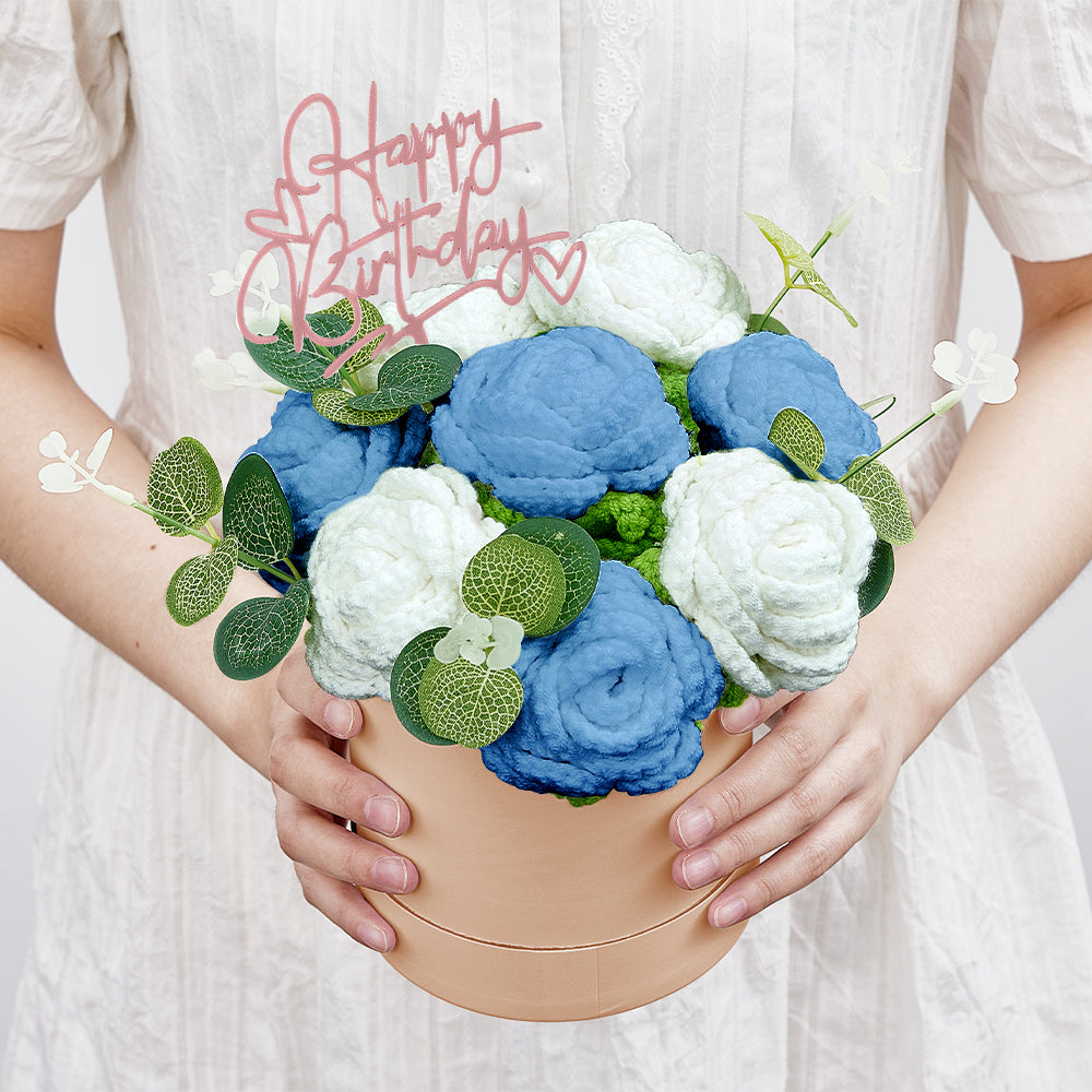 Crochet Flowers Bouquet Handmade Knitted Roses Hug Bucket Birthday Graduation Gift Box