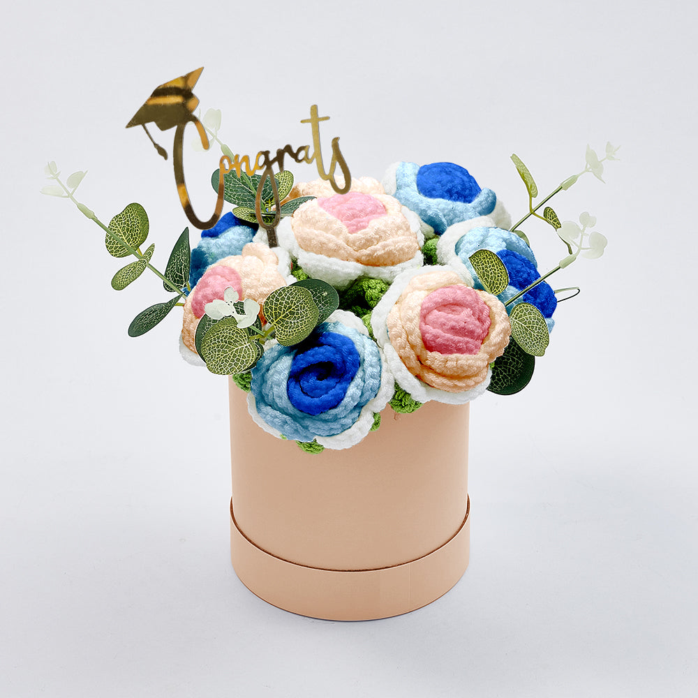 Crochet Flowers Bouquet Handmade Knitted Roses Hug Bucket Birthday Graduation Gift Box