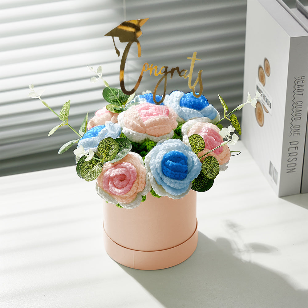 Crochet Flowers Bouquet Handmade Knitted Roses Hug Bucket Birthday Graduation Gift Box