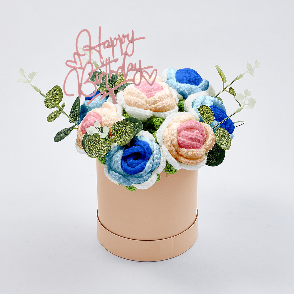 Crochet Flowers Bouquet Handmade Knitted Roses Hug Bucket Birthday Graduation Gift Box