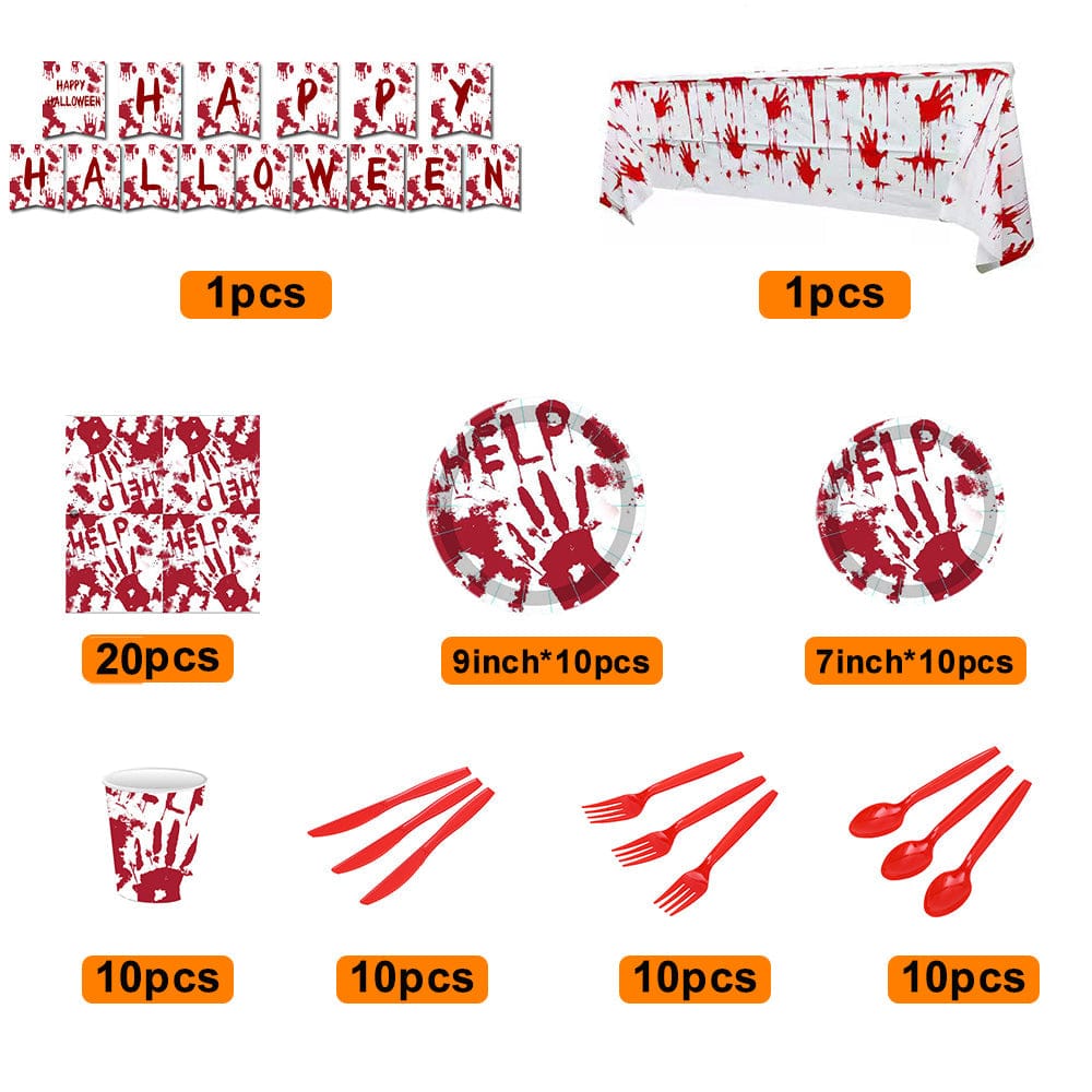 Halloween Party Bloody Hands Disposable Tableware Kits Halloween Party Decorations Supplies 82pcs