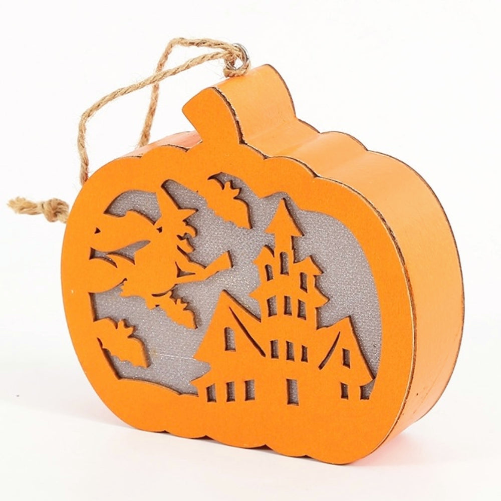 Halloween Flying Witch Scene Wooden Pumpkin Light – Spooky Home Decor & Party Supplies