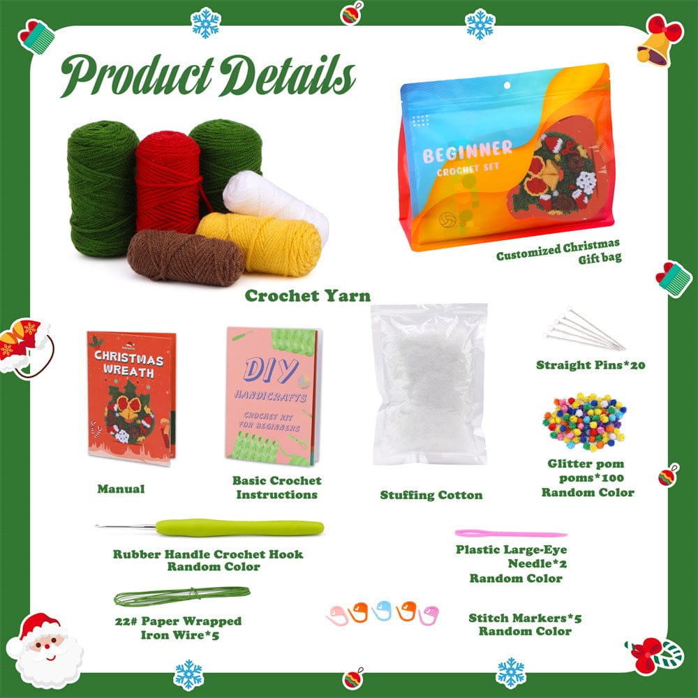 Christmas Wreath DIY Crochet Kit for Beginners with Step-by-Step Video Tutorials Gift for Adults and Kids
