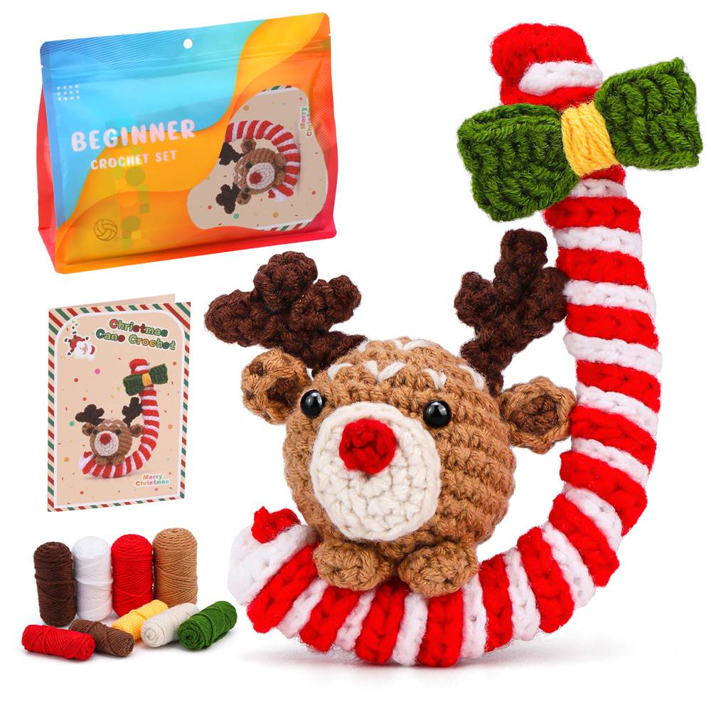 Christmas Crutch Deer DIY Crochet Kit for Beginners with Step-by-Step Video Tutorials Gifts for Adults and Kids