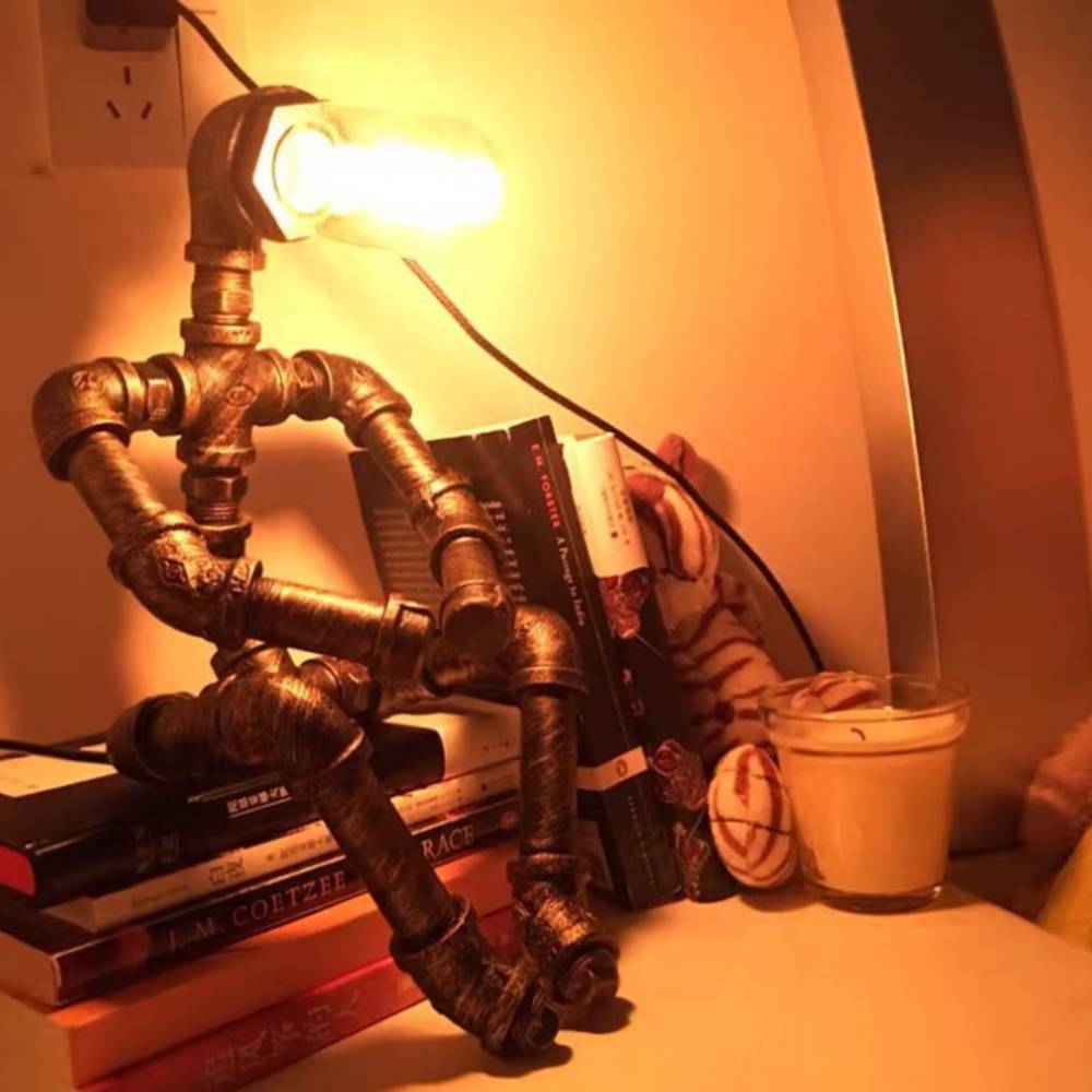 Iron Tube Robot Creative Table Lamp Water Pipe Light Retro Table Lamp for Bedroom