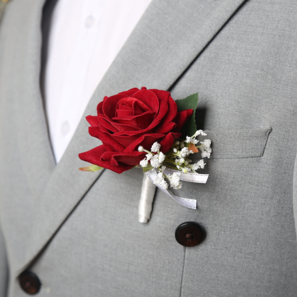 Realistic Rose Wedding Boutonnieres Faux Silk Groom's Corsage Best Man's Corsage