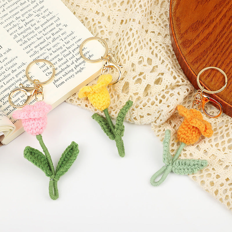 Crochet Flower Keychain Creative Tulip Handmade Knitted Keychain Gift for Her