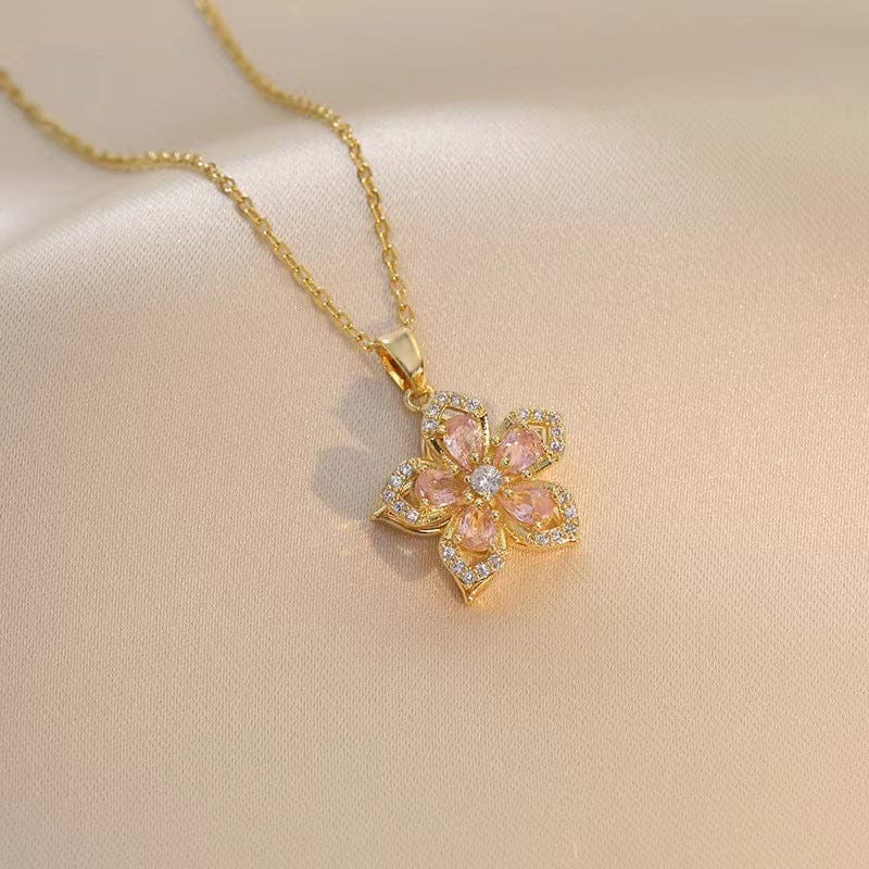 Floral Birthstone Necklace Lotus Flower Gemstone Necklace with Rotating Crystal Flower