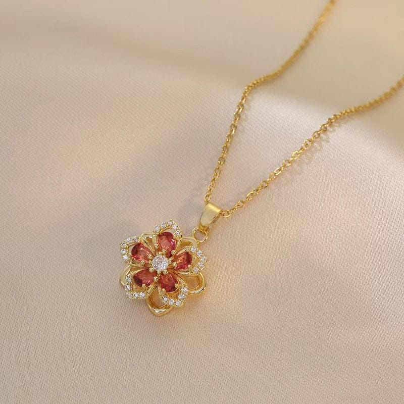 Floral Birthstone Necklace Lotus Flower Gemstone Necklace with Rotating Crystal Flower