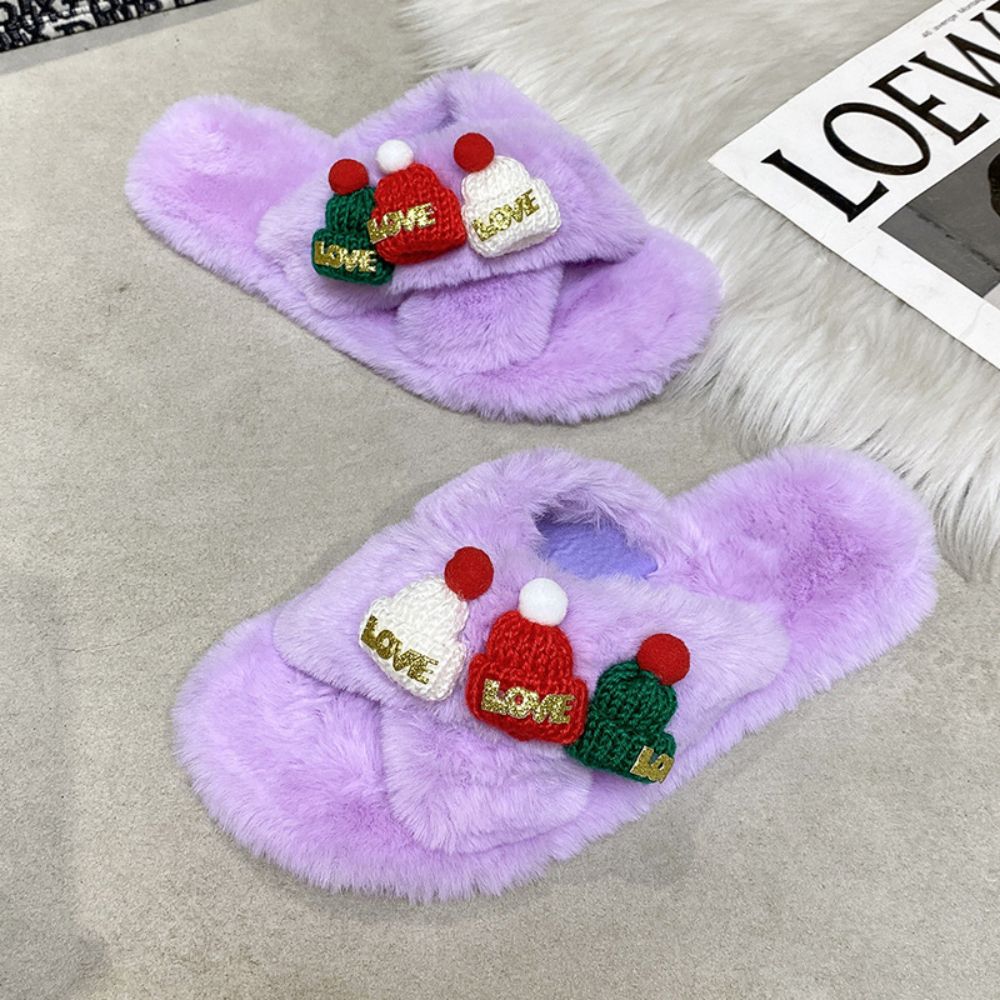 Christmas Slippers Christmas Hat Decor Criss Cross Fluffy Bedroom Slippers