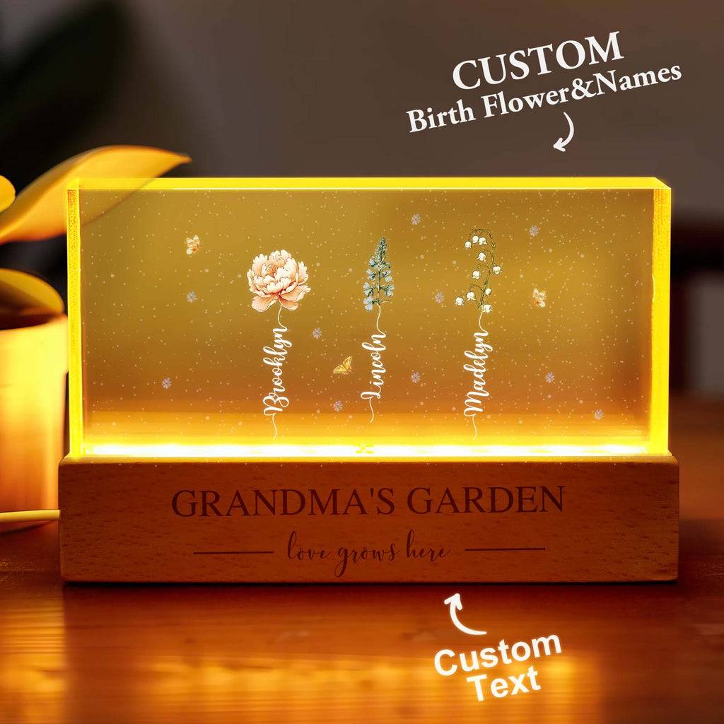 Grandma‘s Garden Birth Month Flowers Personalized Acrylic Block LED Night Light A Heartfelt Gift for Grandma’s Birthday Mother’s Day