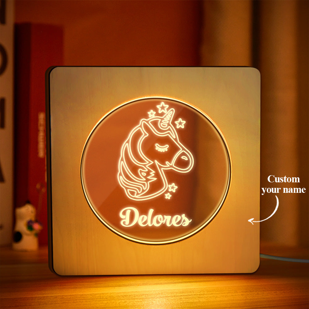 Custom Engraved Name Night Light Personalized Unicorn Wooden Frame Lamp Gift