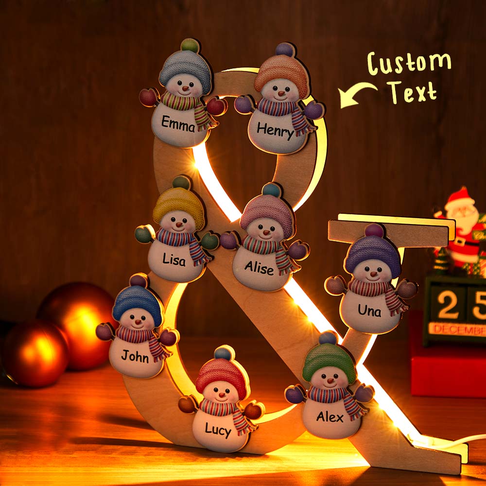 Personalized Snowman Family Name Lamp Custom Wooden Night Light Christmas Day Gift
